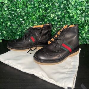 Gucci Authentic Kids Black Leather Boots with Red and Green Stripes